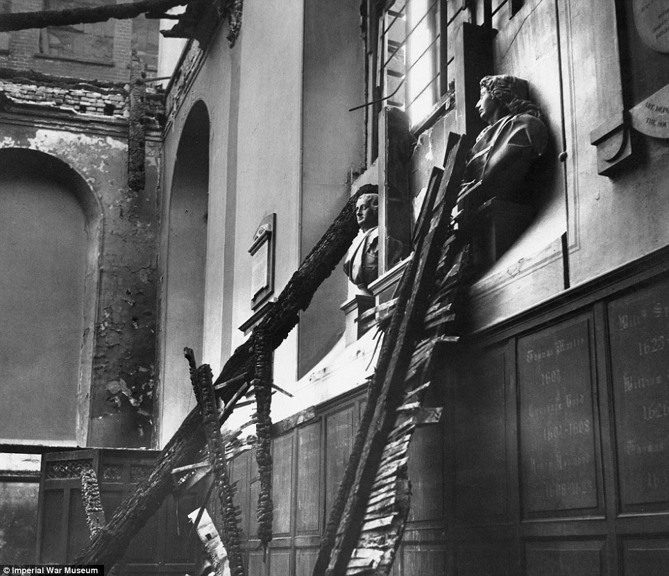 Battered: A wider image from Beaton's collection shows bomb damage to the Church of St. Anne and St. Agnes in London in 1940