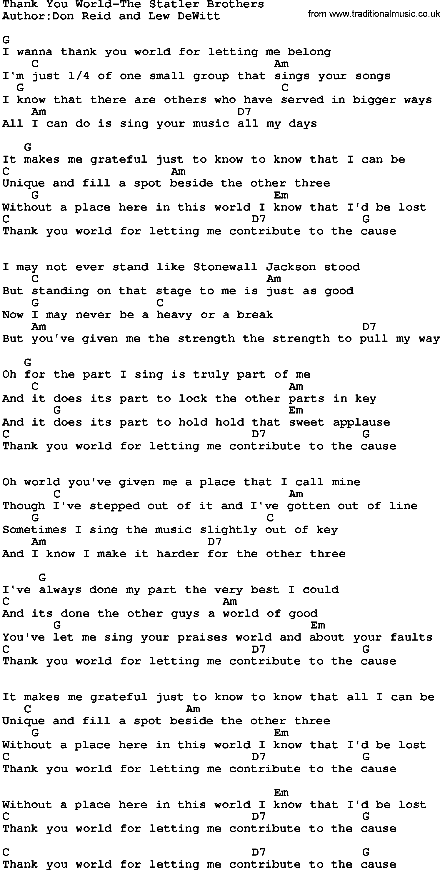 Thank you for the music is a song by the swedish pop group abba. Country Music Thank You World The Statler Brothers Lyrics And Chords