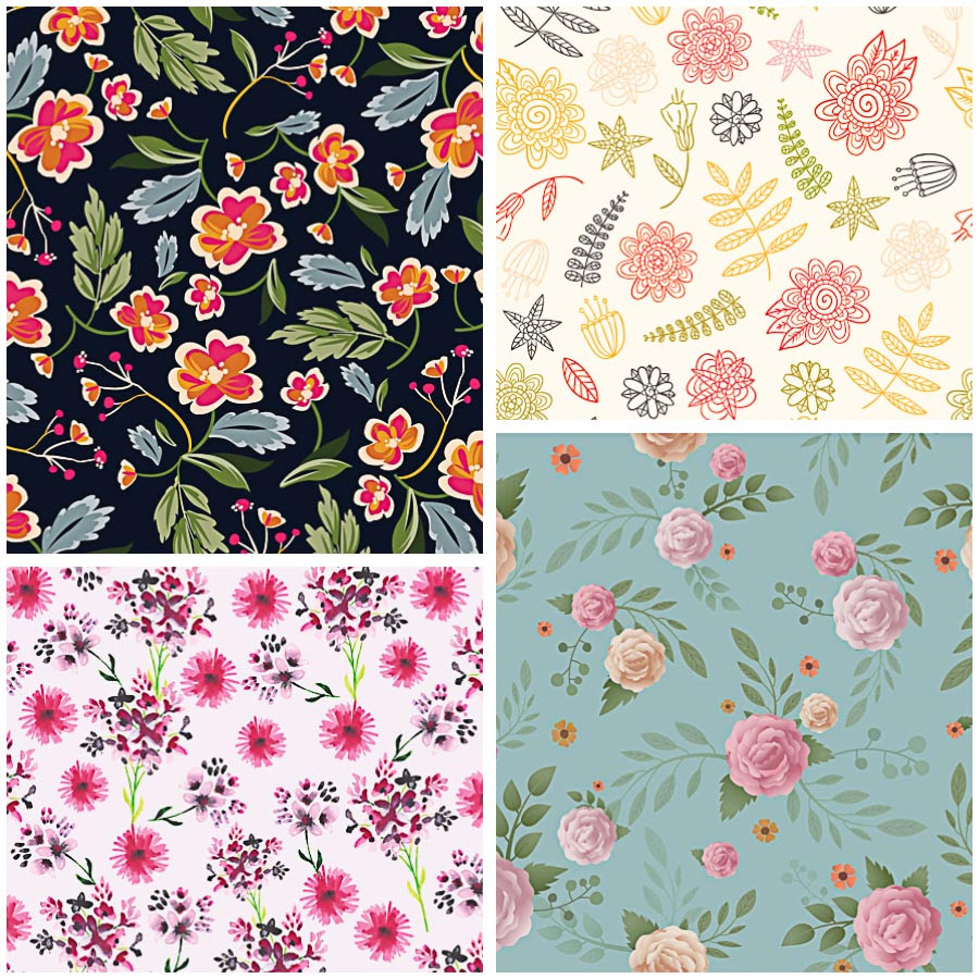 Wallpaper vector footage of a seamless retro pattern decorated with blooming flowers. Floral Retro Painted Pattern Set Vector Free Download