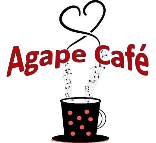 Red words that read "Agape Cafe" and a graphic of a coffee mug with musical notes instead of steam, forming a heart shape.