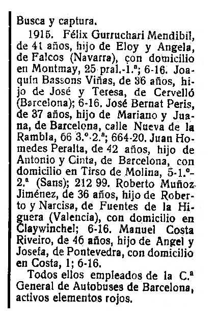 Ordre de crida i cerca emès per la Direcció General de Policia franquista de Barcelona contra Joaquim Bassons Viñas, i altres «activos elementos rojos» de la Companyia General d'Autobusos de Barcelona ("Boletín Oficial de la provincial de Cáceres" del 18 d'octubre de 1939)
