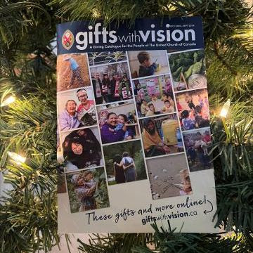 gifts with Vision Catalogue cover in a christmas tree
