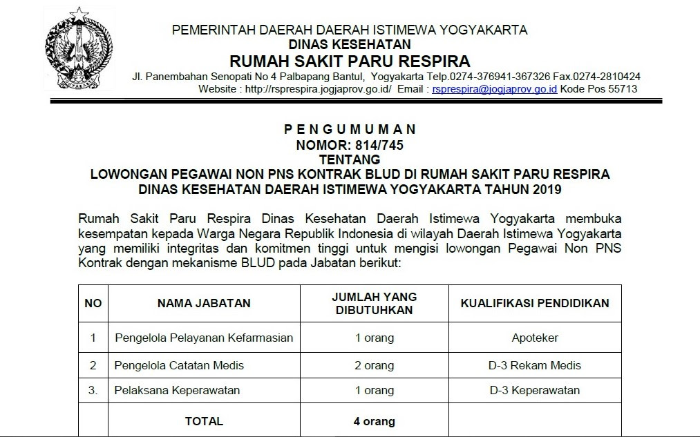 Formasi yang dibuka antara lain perawat anestesi, perekam medis, refraksionis optisen, akuntansi, pranata komputer, analisa kepegawaian, dan pengemudi. Lowongan Pegawai Non Pns Kontrak Blud Di Rumah Sakit Paru Respira Dinas Kesehatan Daerah Istimewa Yogyakarta Tahun 2019 Rsp Respira