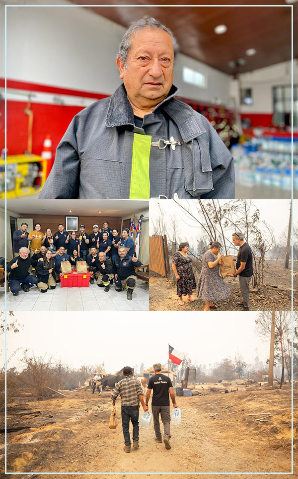 Collage of firefighters, meal distribution, and wildfire damage in Chile.