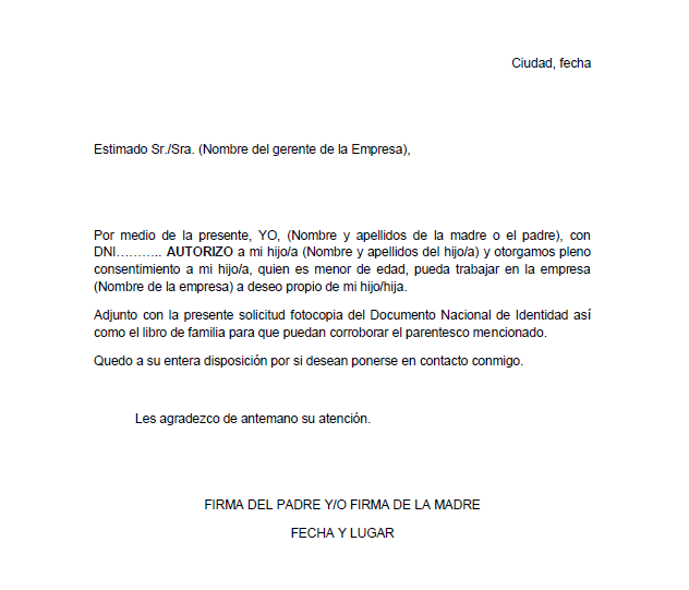 MODELO DE CARTA PERMISO DE TRABAJO PARA MENORES DE EDAD 