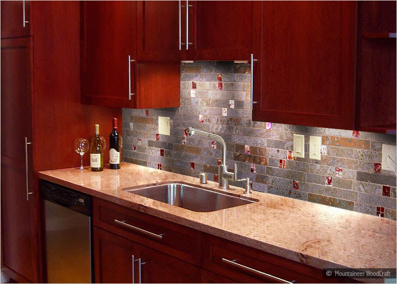 Take a look at that glass tiles backsplash which makes a good addition to the cherry cabinet. Kitchen Kitchen Backsplash Cherry Cabinets Backsplash For Kitchen With Cherry Cabinets Kitchen Backsplash Ideas For Cherry Cabinets Cherry Kitchen Cabinets With Backsplash Home Design Decoration