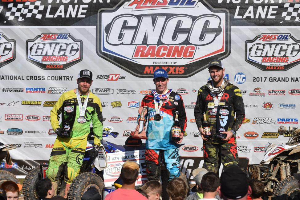 Walker Fowler (center), Jarrod McClure (left) and Brycen Neal (right) rounded out the podium at the 2017 GNCC Season Opener. 