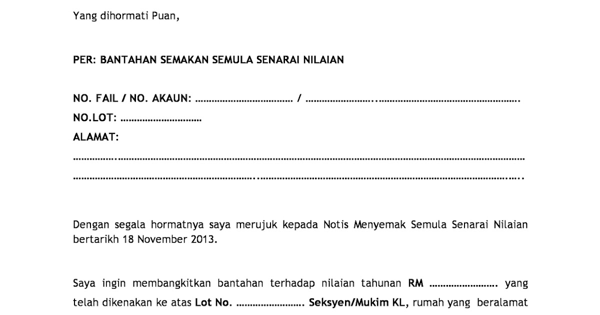 Surat Rayuan Pengurangan Cukai Taksiran - Selangor i