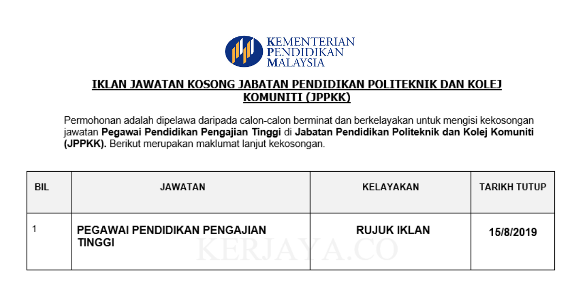 Syarat kelayakan jawatan kosong unimas. Permohonan Jawatan Kosong Jabatan Pendidikan Politeknik Dan Kolej Komuniti Jppkk Portal Kerja Kosong Graduan