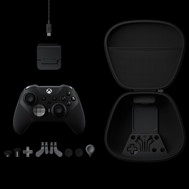 Xbox Elite Wireless Controller Series 2 along with the included carrying case, charging stand, and accessories.