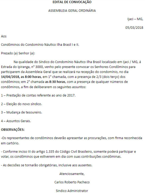 Carta De Apresentação Novo Sindico