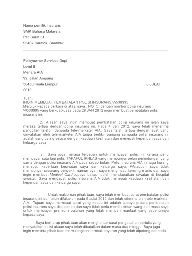 Contoh Surat Rasmi Tuntutan Insurans - Rasmi Ri