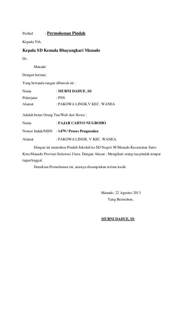 Contoh Surat Permohonan Pindah Tugas Antar Dinas