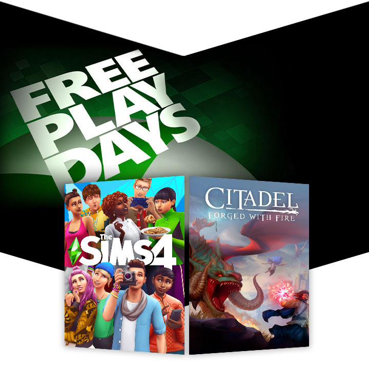 The Free Play Days logo with The Sims 4 and Citadel Forged with Fire cover art