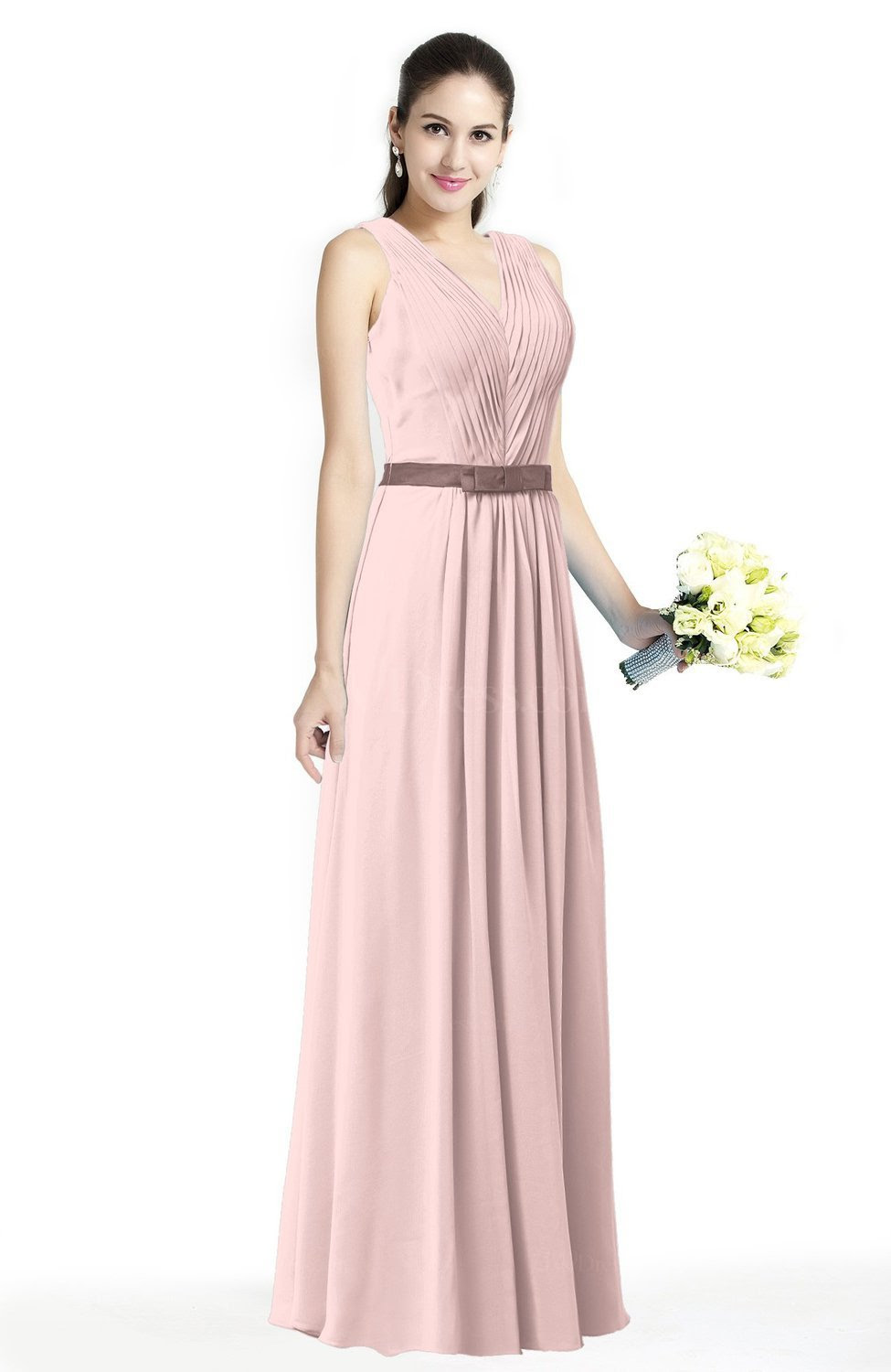 Pastel  Pink Simple A line V neck Chiffon Floor Length Bow 