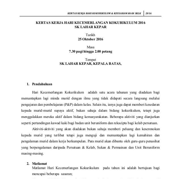 Contoh Kertas Kerja Hari Kokurikulum - Contoh Win