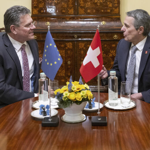 Swiss Federal Councilor Ignazio Cassis, right, speaks with Vice-President of the European Commission Maros Sefcovic during a working visit in Bern, Switzerland, Wednesday, March 15, 2023. (Peter Schneider/Keystone via AP)