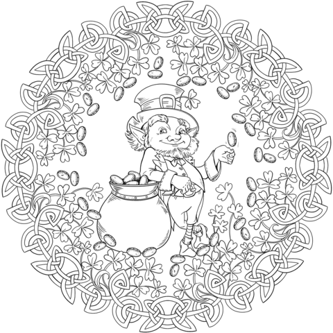 Your kid can use the various colors associated with the rainbow to color this picture. St Patricks Day Mandala With Celrtic Knot Shamrock Leprechaun And Pot Of Gold Coloring Page Free Printable Coloring Pages