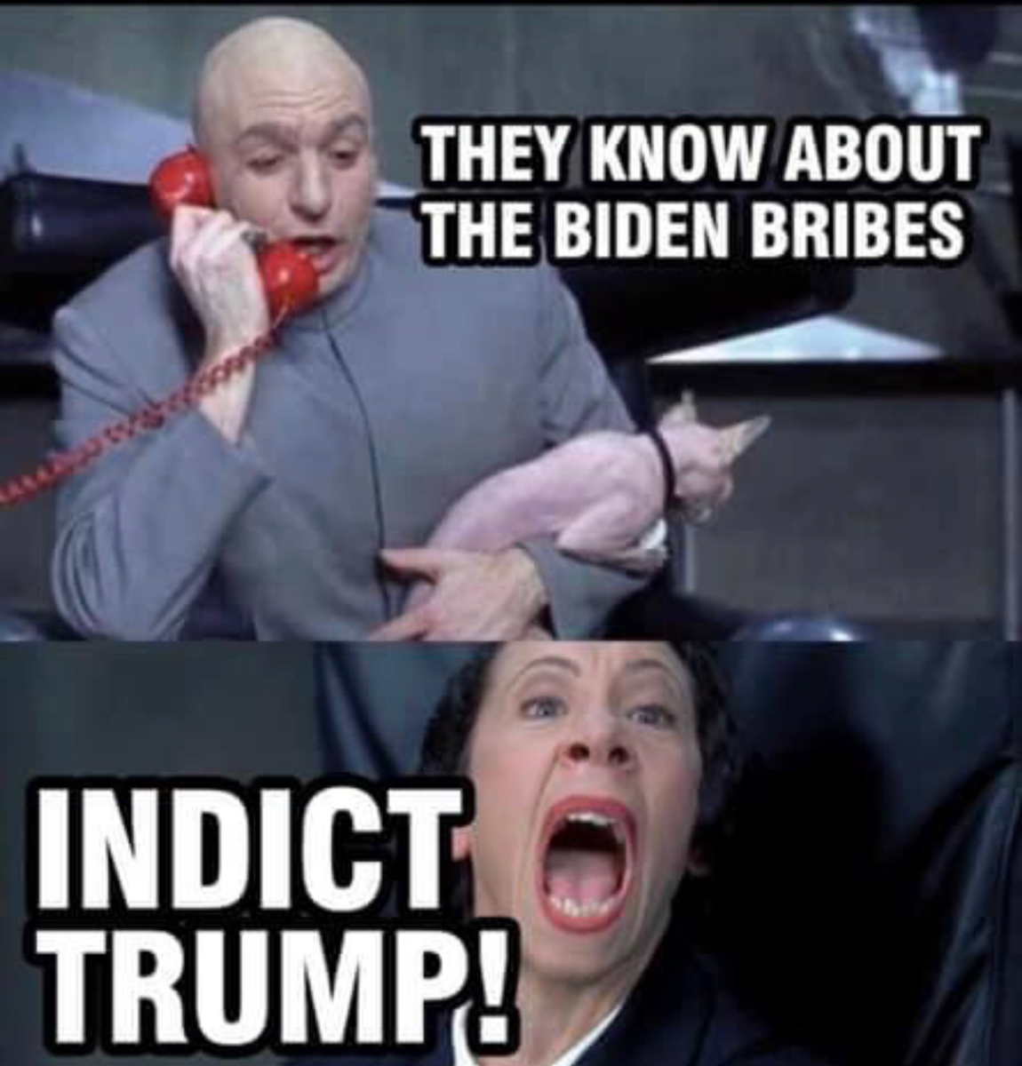 Meme showing guy on telepone saying they know about Biden Bribes. Then someone shouts "Indict Trump!"