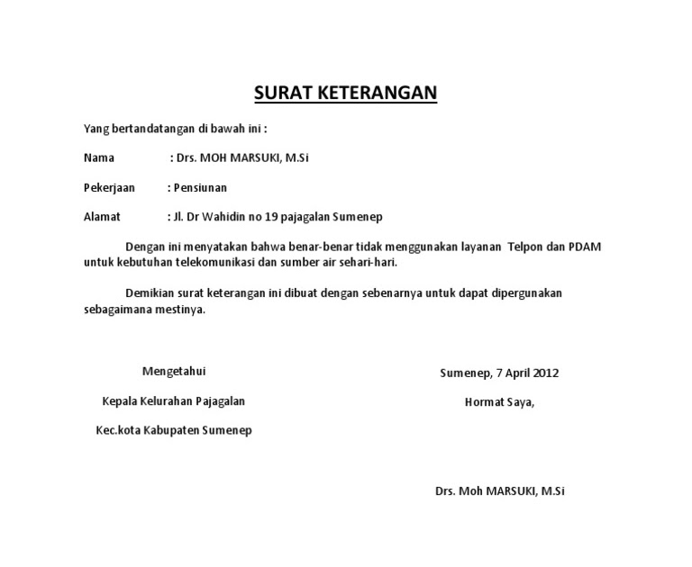 Contoh Surat Keterangan Tidak Menggunakan Air Pdam Contoh Seputar Surat