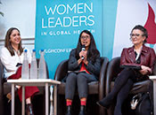 Three women participate in a panel discussion during the 2018 Women Leaders in Global Health conference.