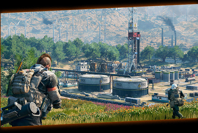 Two game characters in full combat gear descend from the hills towards an industrial site.