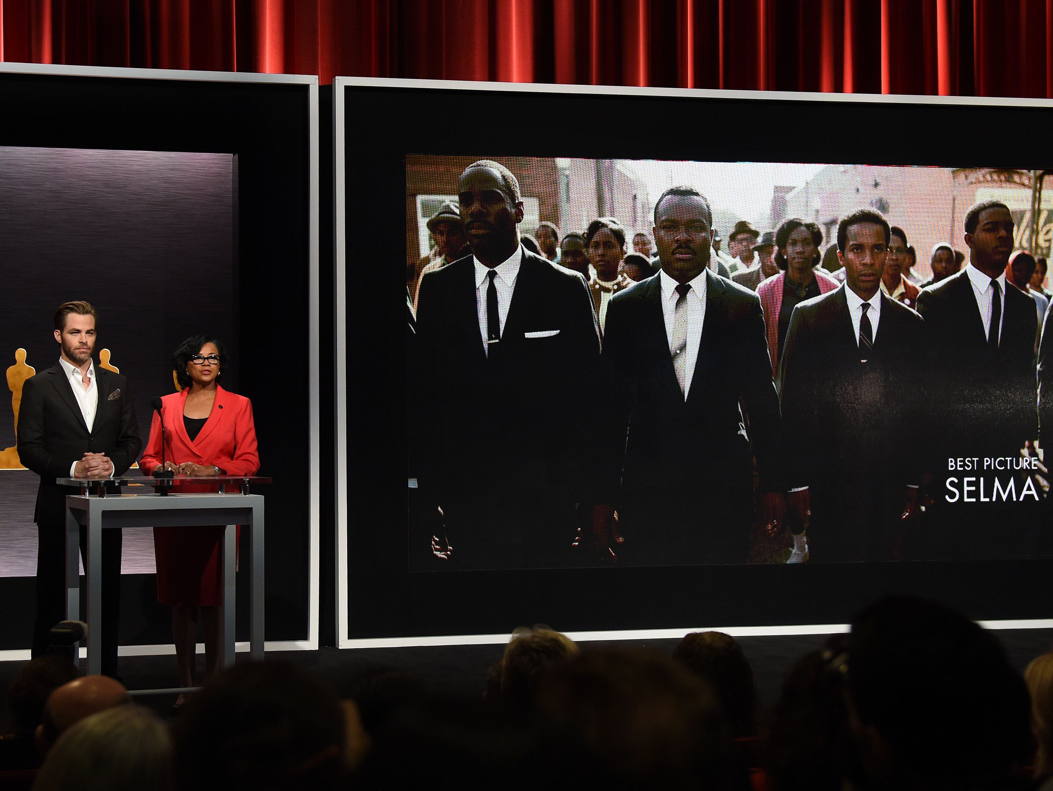 Chris Pine and Academy President Cheryl Boone announce 'Selma' as Oscar nominee for best picture, in Beverly Hills on Jan. 15. The film will be screened at the White House Jan. 16.