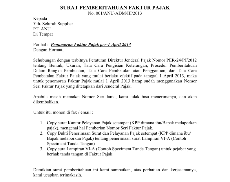 Contoh Surat Pemberitahuan Pembatalan Faktur Pajak Ke Kpp 