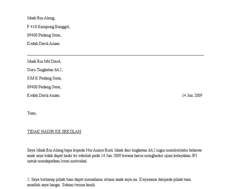 Surat Rasmi Berhenti Sekolah Rendah Selangor R Contoh Surat Rasmi Cuti Banjir.
