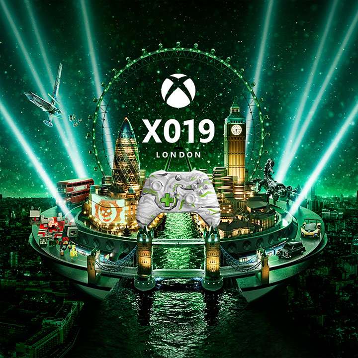 X019 London, a green-tinted image of London's cityscape with multiple game characters walking on a street with an Xbox controller in the middle