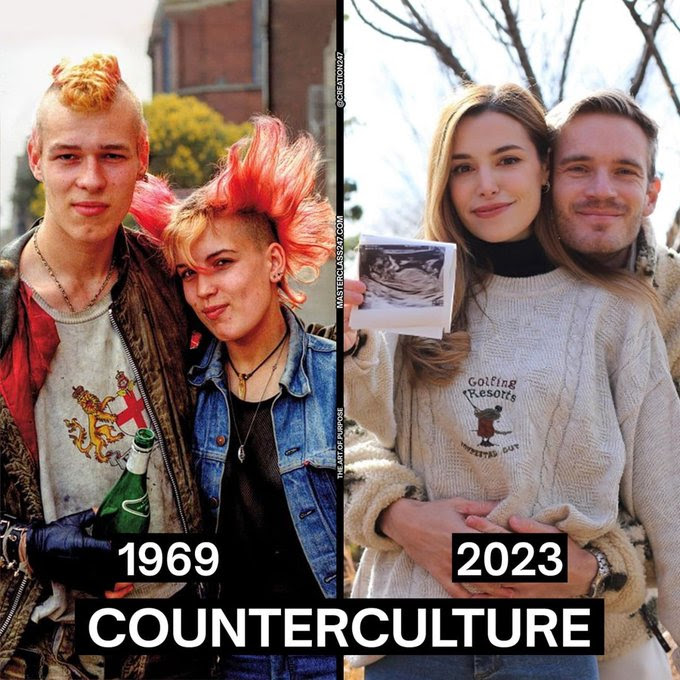 Meme contrasting the counter cultures of 1960 with 2023.