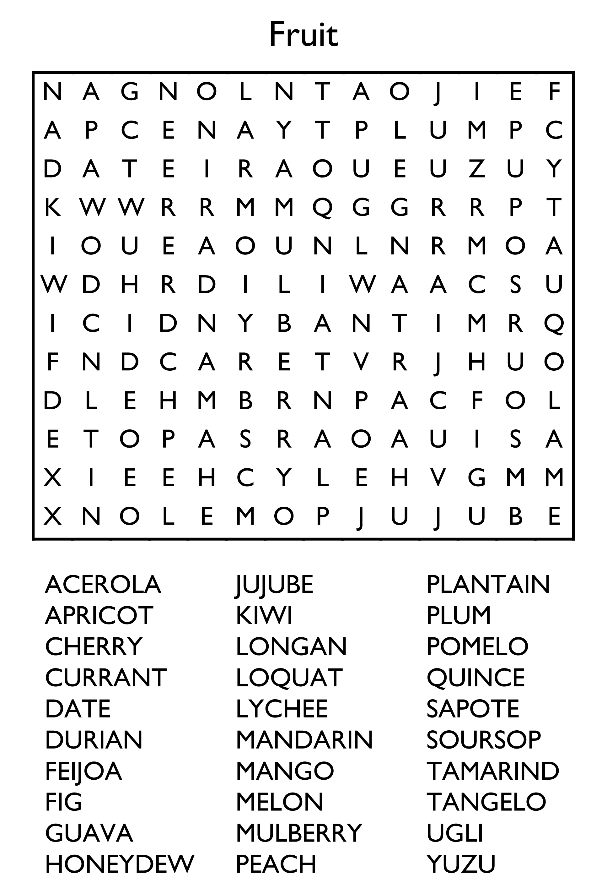 Find and circle all of the listed words or phrases that are hidden in the grid. 10 Free Printable Word Search Puzzles