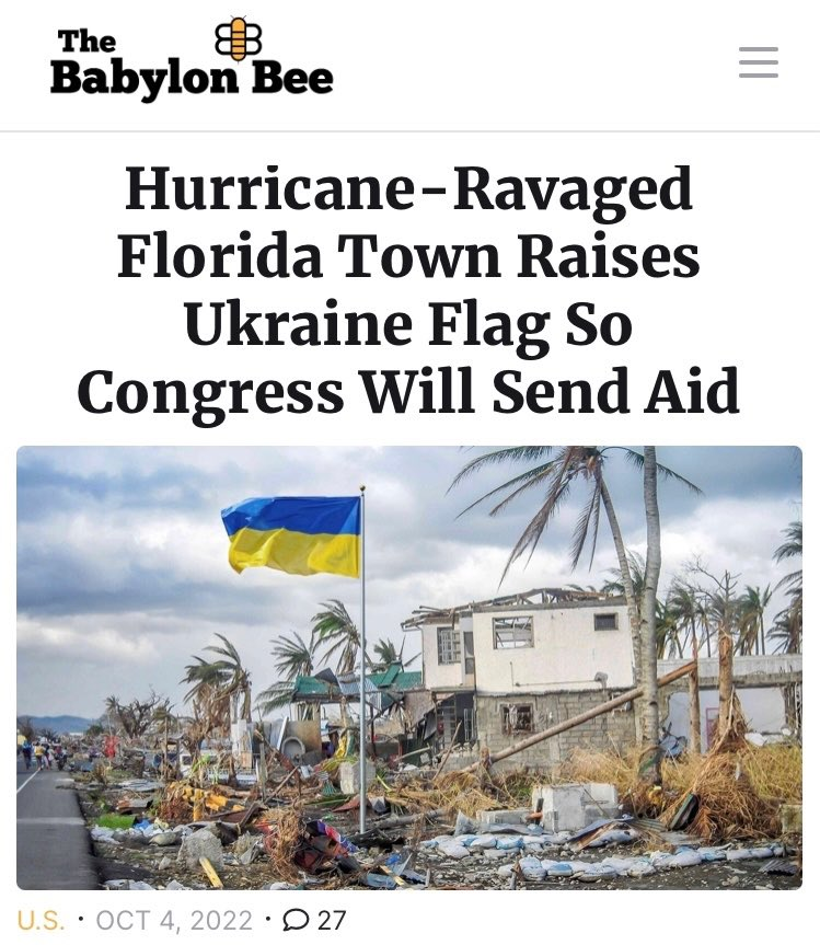 Babylon Bee humor telling how a Florida town raised the Ukraining Flag to get attention.