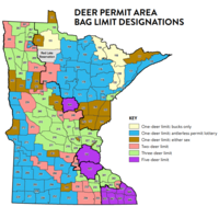 map of Minnesota deer permit areas with bag limit designations