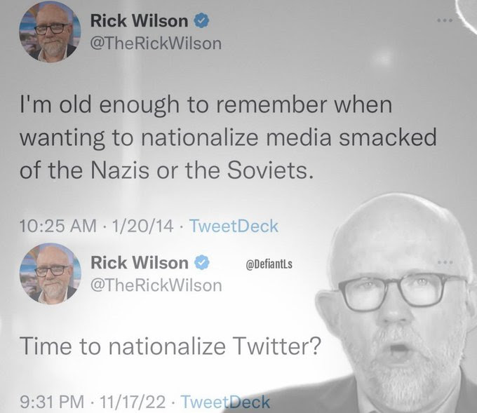 Hypocrite Rick Wilson who moans aqbout nationizing the media then advocates for it.