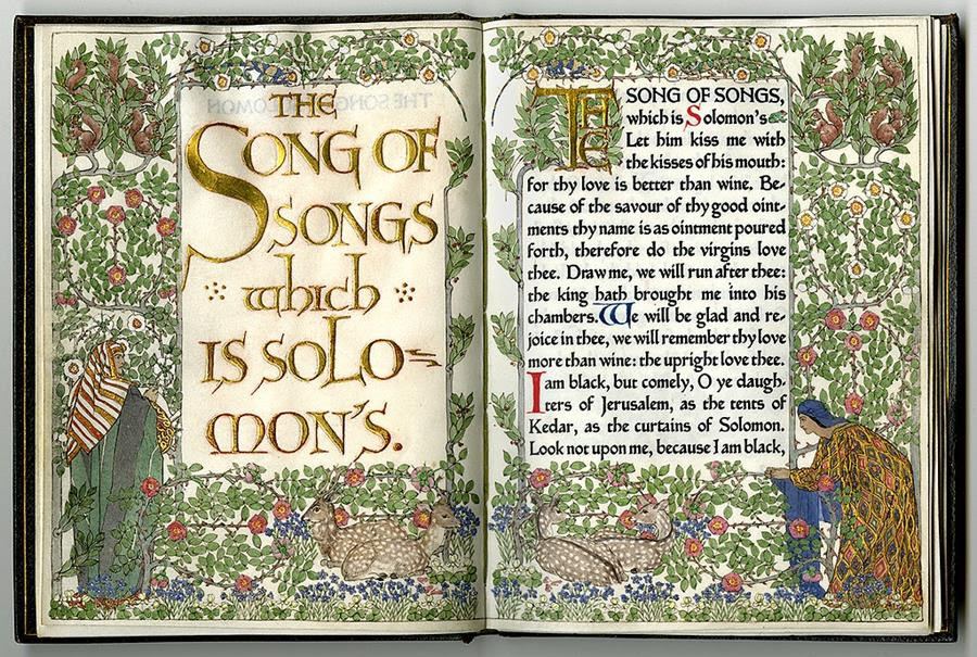 An open book shows a richly illustrated version of the 'Song of Songs,' covered with pictures of vines and flowers.