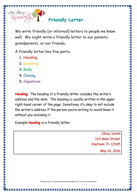 Friendly Letter Example Grade 5 Letter