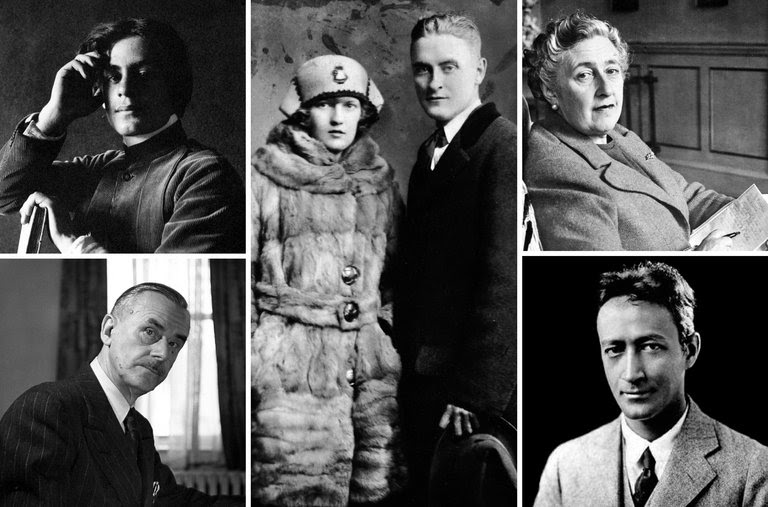 Clockwise from top left: Kahlil Gibran; F. Scott Fitzgerald and his wife, Zelda; Agatha Christie; Jean Toomer; and Thomas Mann.