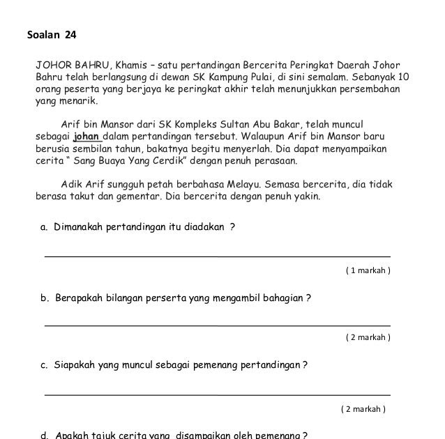Soalan Bahasa Melayu Tahun 4 Pemahaman Serta Jawapan