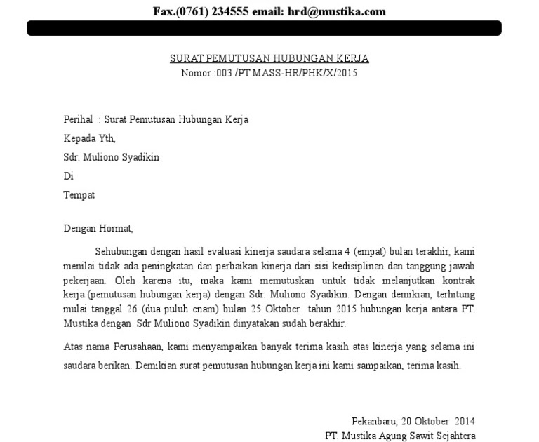 Surat Rasmi Diberhentikan Kerja Oleh Majikan - Kecemasan e