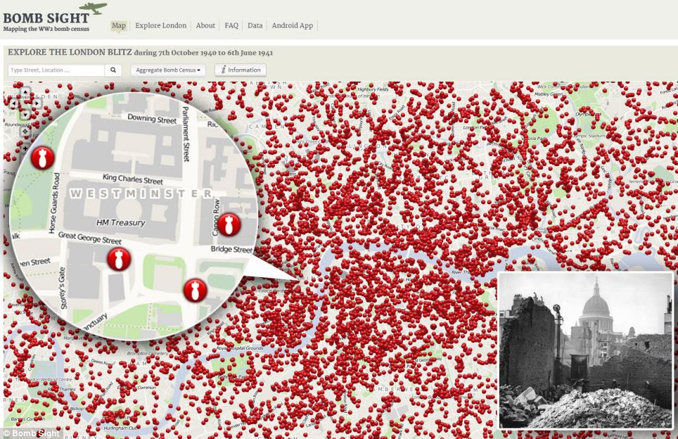 The map allows users to zoom in and exactly exactly how much damage German bombers inflicted on London. It uses a census of bomb sites, and is the first time the data has been made easily accessible.