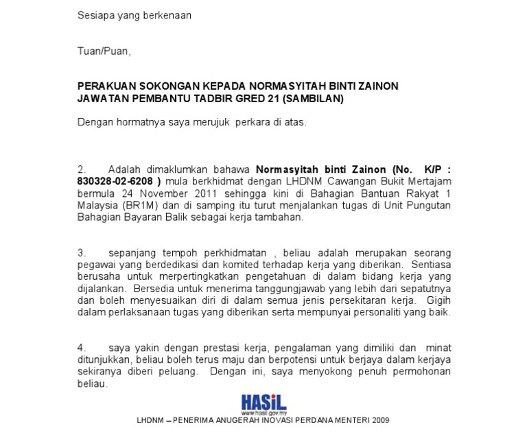 Contoh Surat Sokongan Permohonan Kerja Dari Yb