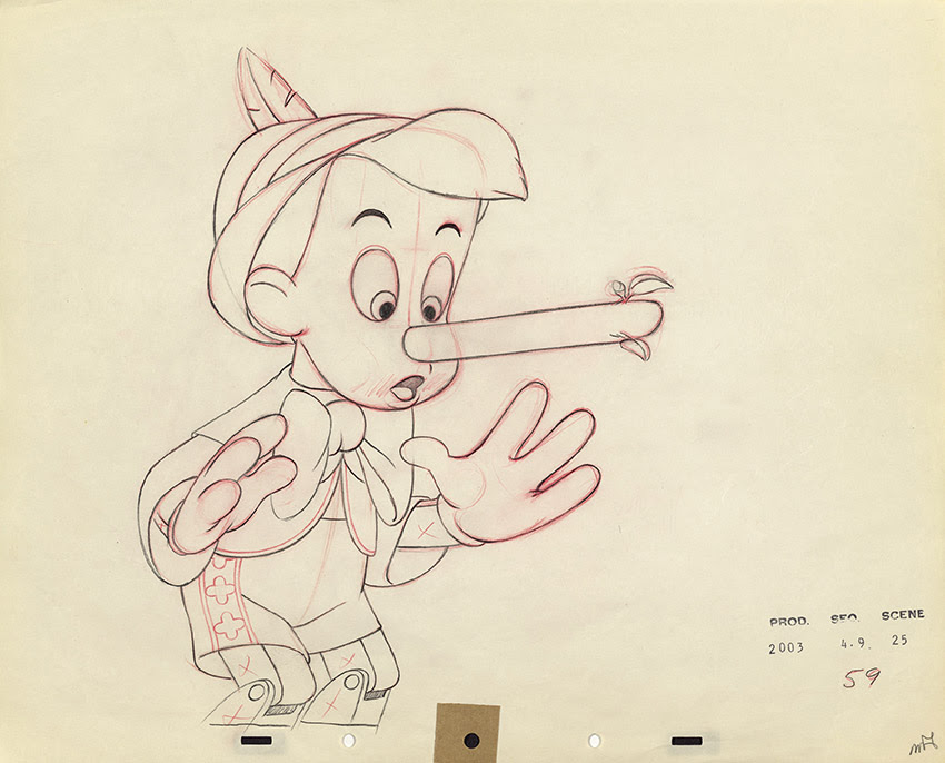Pinocchio, 1940, Ollie Johnston, Disegno definitivo per l’animazione, Grafite e matita colorata su carta © Disney