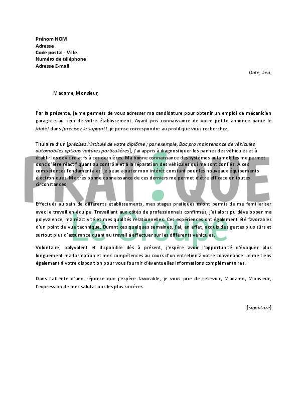 Lettre De Motivation Mecanicien Automobile Apprentissage Bac Pro