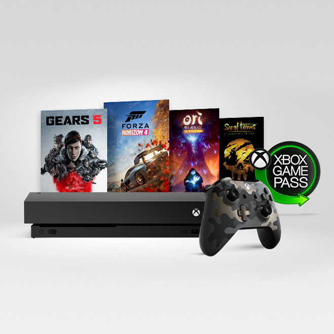 Cover art for Gears 5, Forza Horizon 4, Ori and the Blind Forest, and Sea of Thieves are pictured next to the Xbox Game Pass logo and behind an Xbox One X console and controller.