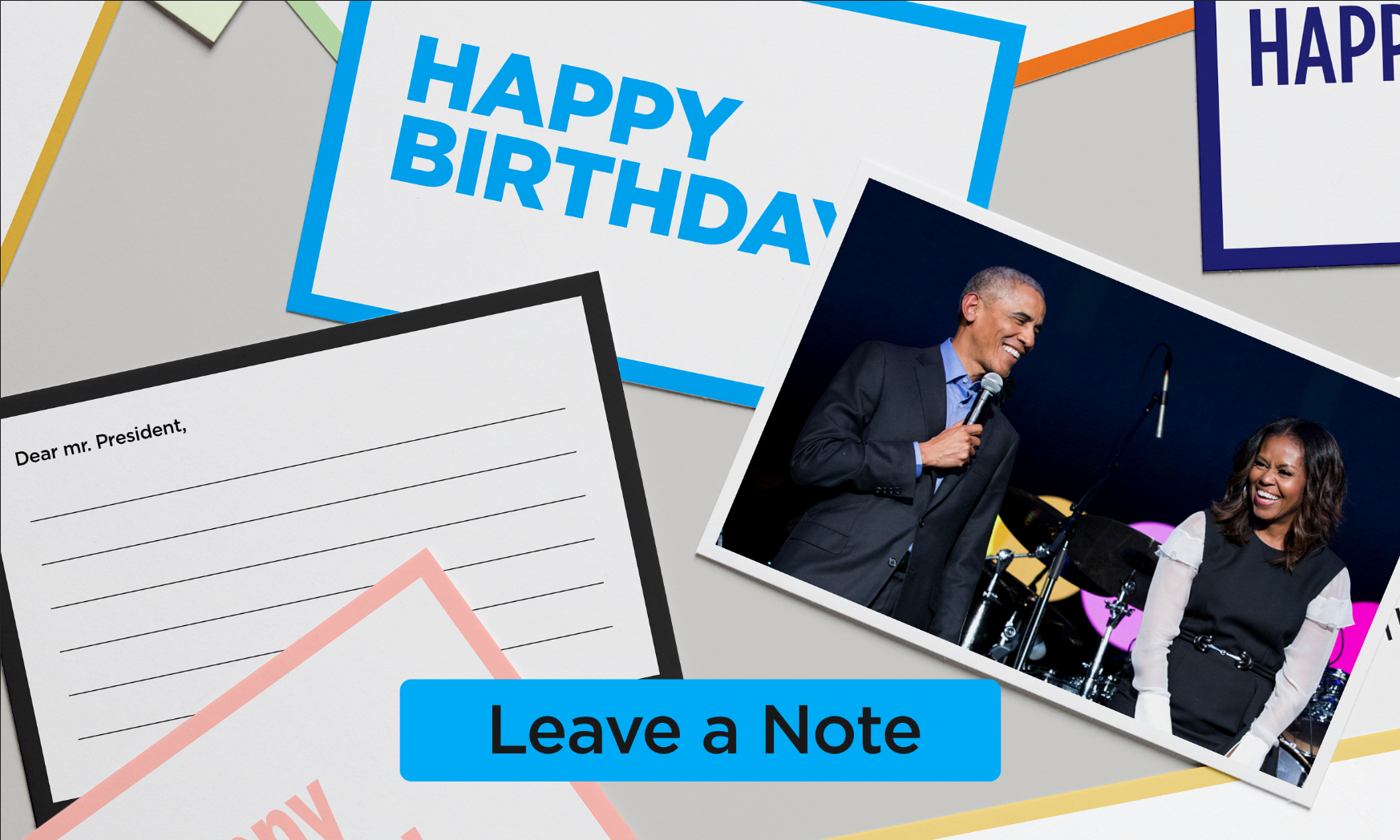 The birthday card image shows a photo of Barack and Michelle Obama smiling at eachother, along with a note starts with "Dear Mr. President", a card that says "Happy Birthday", and a button that says "Wish Barack a Happy Birthday"