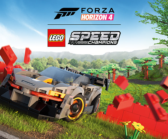 A Lego® Speed Champions car bursting through a lego brick wall in a countryside setting.