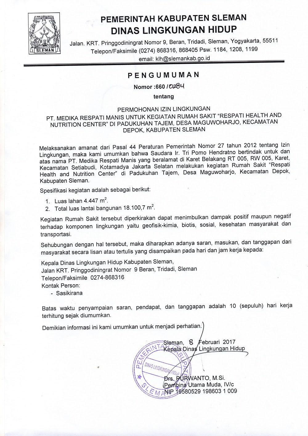 Pendaftaran dimulai jam 7.30 wajib mengikuti protokol kesehatan dengan m. Pemerintah Kabupaten Sleman Blog Archive Pengumuman Permohonan Izin Lingkungan Pt Medika Respati Manis Untuk Kegiatan Rumah Sakit Respati Health And Nutrition Center Di Tajem Maguwoharjo Depok