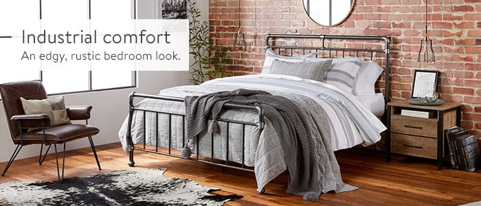 Industrial comfort. Create a timeworn look in the bedroom from a blend of rustic & raw materials. And what better way to experience the cool-in-an-old factory vibe than in the place you sleep? Shop the collection.