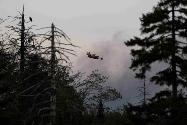 A water bomber plane flies through heavy smoke as an out-of-control wildfire in a suburban community outside of Halifax quickly spread, May 28, 2023